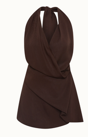 Chocolate halter top with draped cowl front and neck tie detail