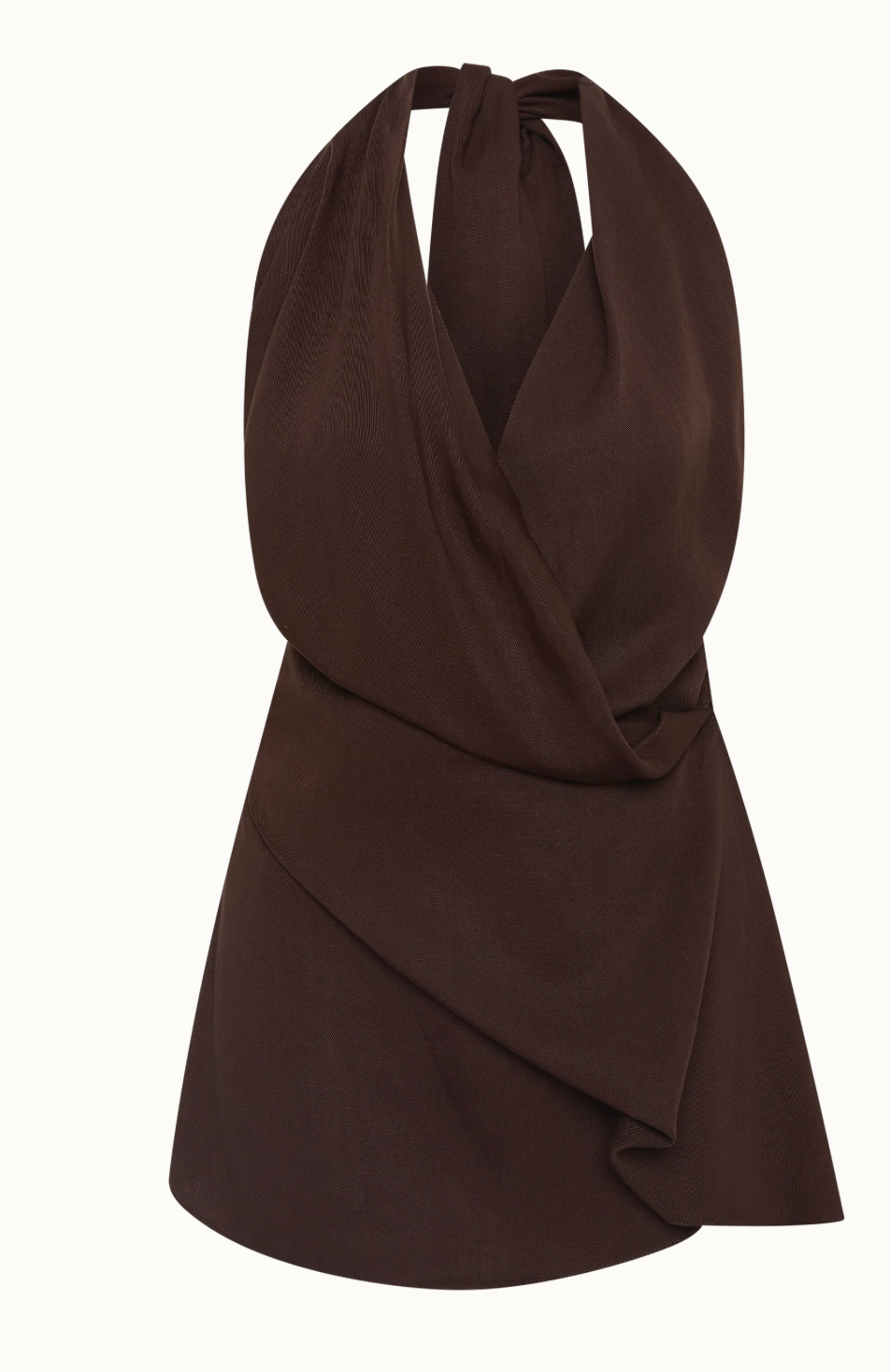 Chocolate halter top with draped cowl front and neck tie detail