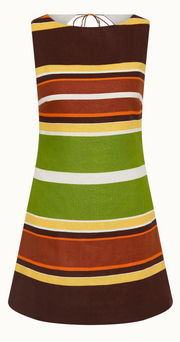 Sleeveless brown striped mini dress with green and orange bands, straight hem