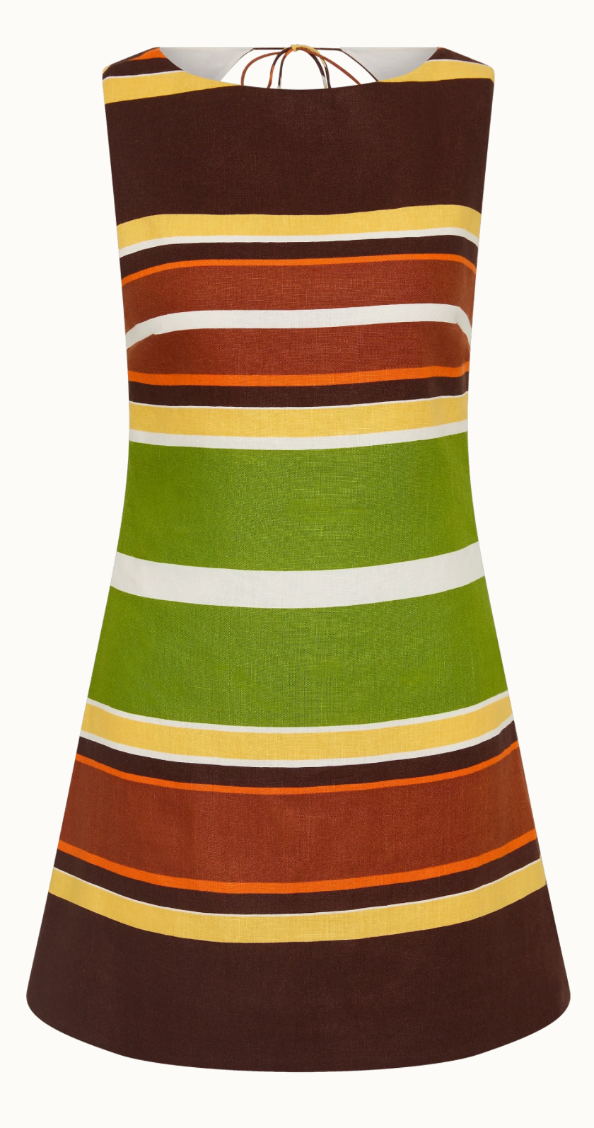 Sleeveless brown striped mini dress with green and orange bands, straight hem