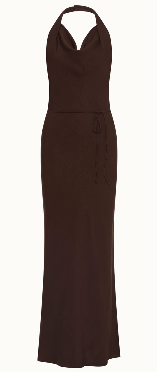 Chocolate brown halter maxi dress with fitted waist and drawstring tie at front
