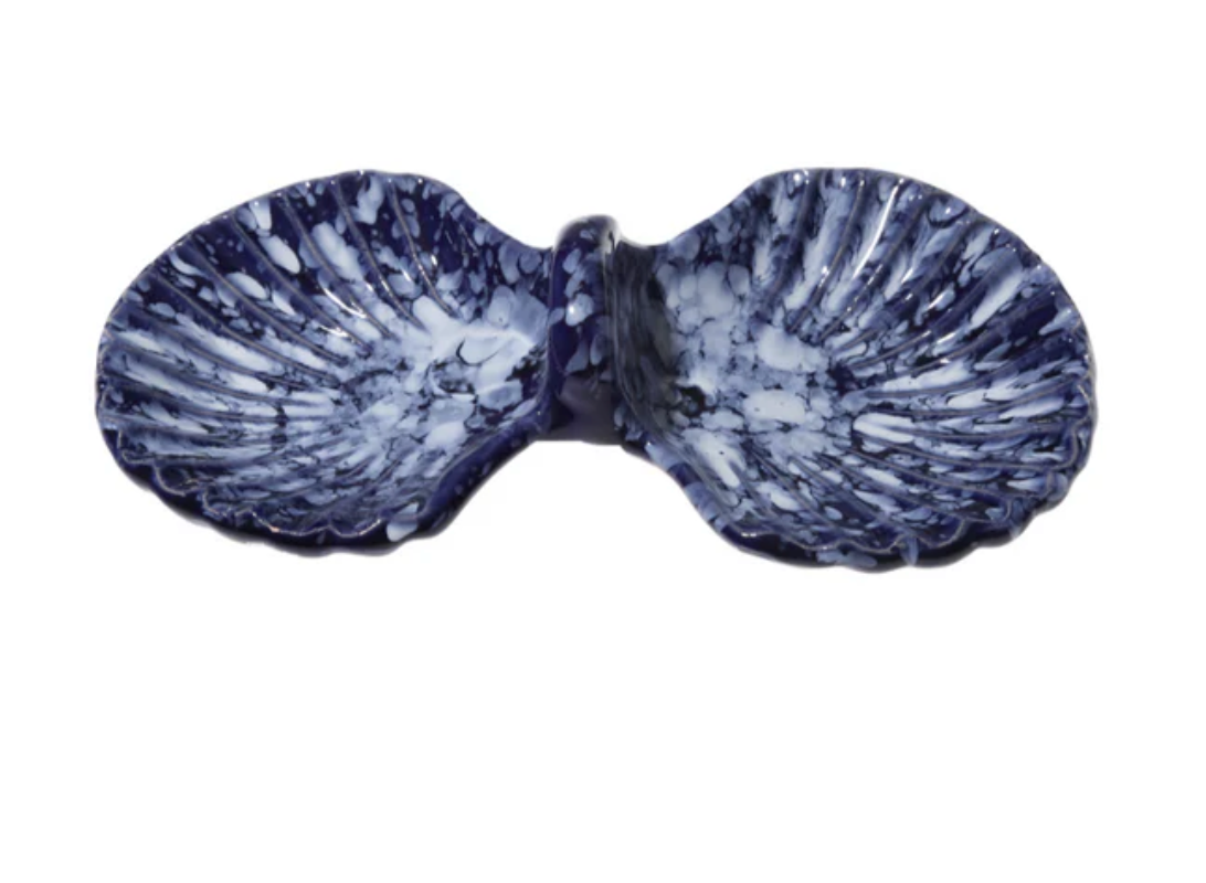 Cobalt blue and white double concha shell earrings with curved paired shells