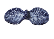 Double shell earrings, cobalt navy with white marbled pattern, scalloped edges