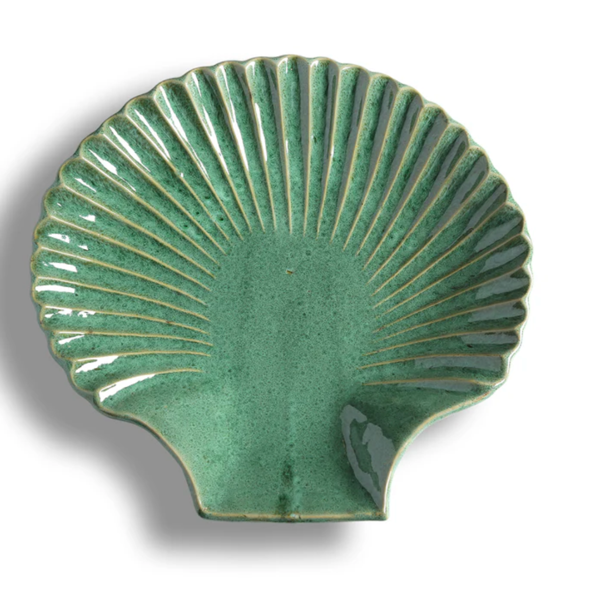 Green ceramic concha jumbo serving platter with ridged shell scallop edge
