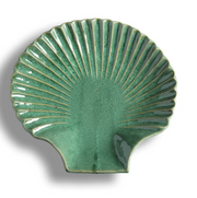 Green glazed concha shell-shaped jumbo serving platter with ridged shell detail