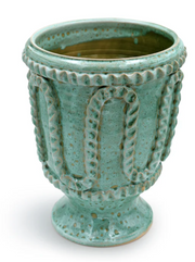 Mini green glazed ceramic ice bucket with embossed leaf-like texture and pedestal base