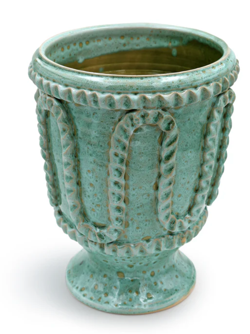 Mini ice bucket with textured relief and speckled teal glazed ceramic