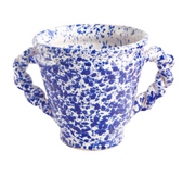 Cobalt blue speckled ceramic cache pot with white base and rope handles