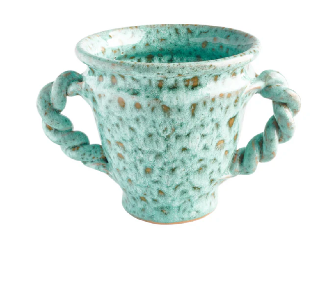 Seafoam speckled ceramic cache pot with loop handles