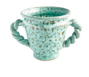 Seafoam speckled ceramic cache pot with loop handles