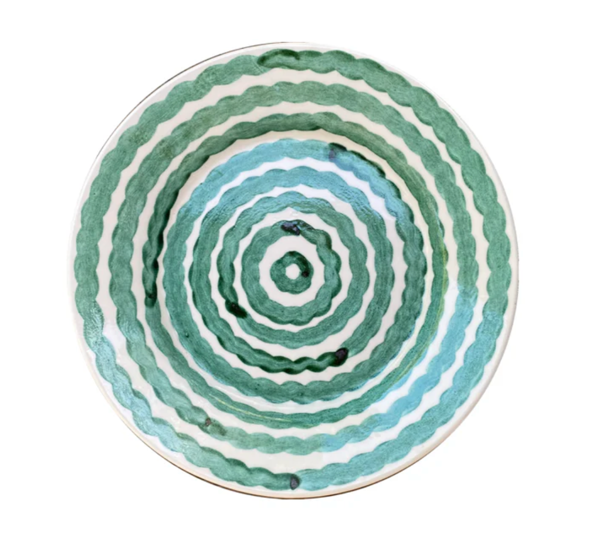 Green swirled squiggle dinner plate with concentric ring pattern