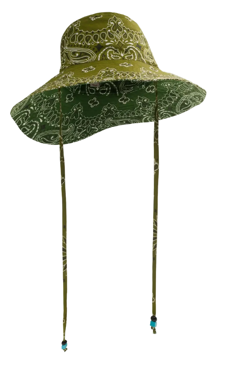 Green patterned capeline hat with wide brim and neck ties