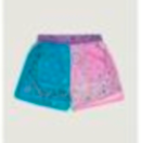 Blue bandana-style shorts with pink strawberry print and elastic waistband