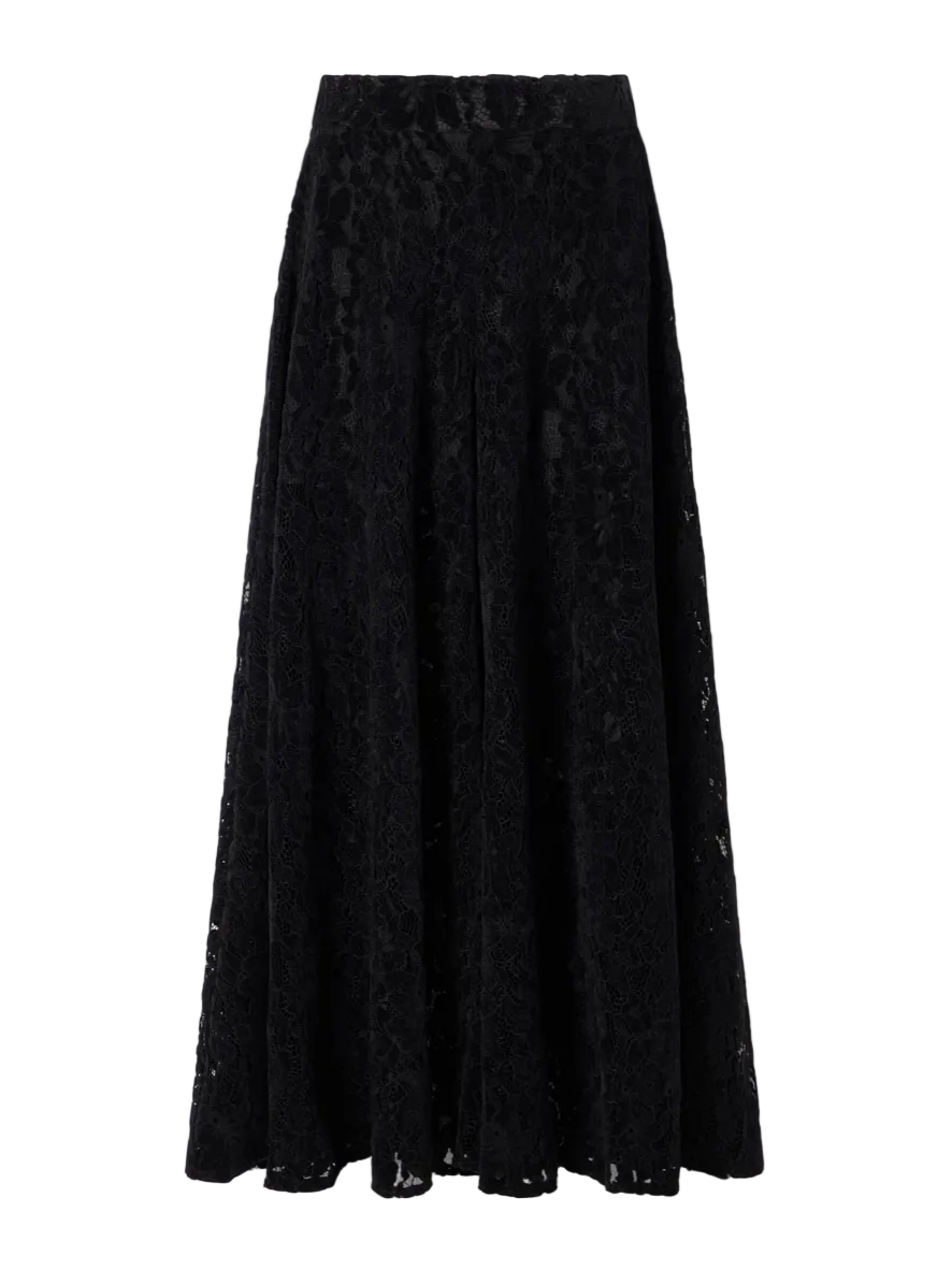 Black lace midi skirt with flared pleats