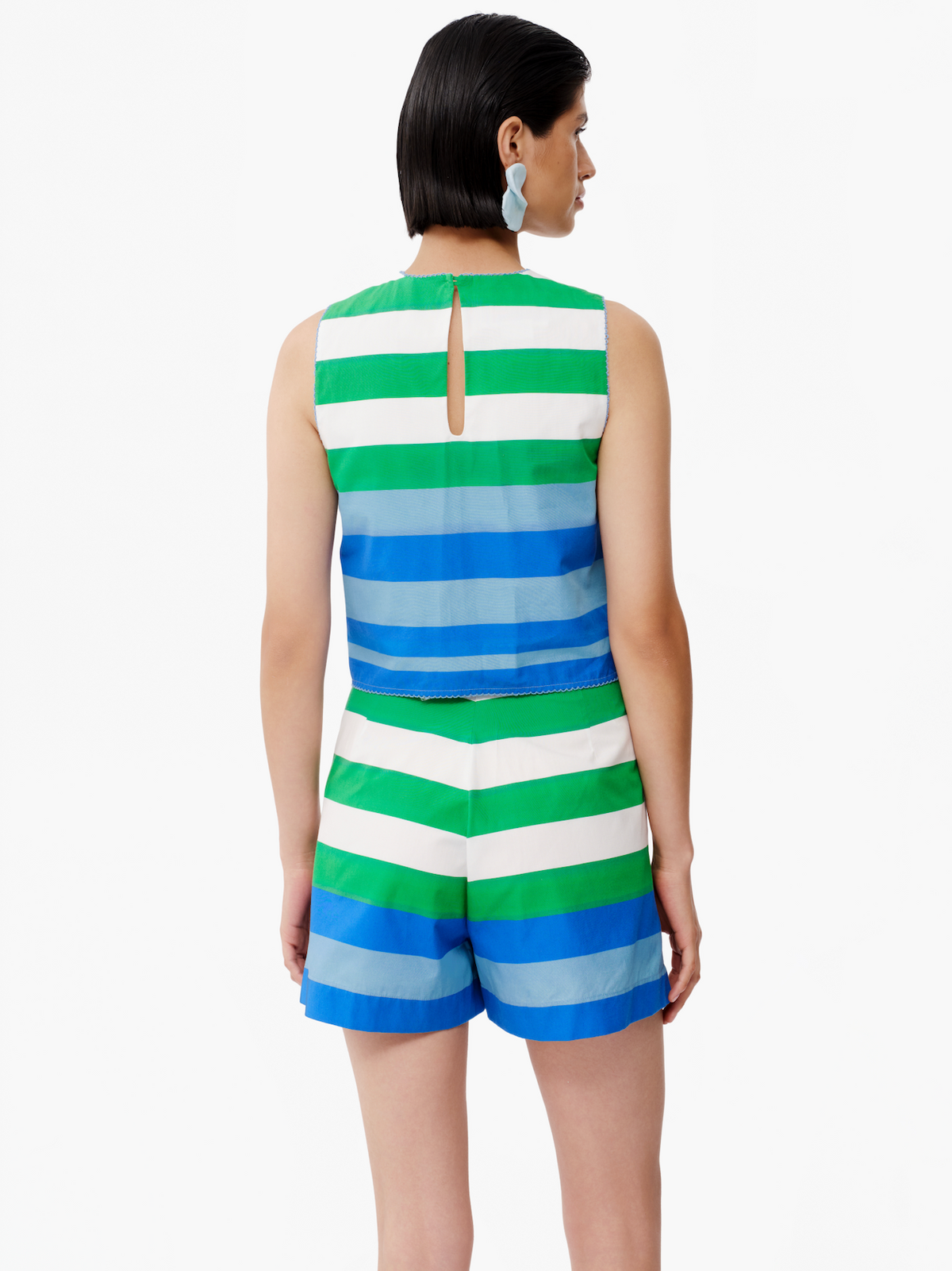 Striped shorts back view with green, white, and blue horizontal stripes; elastic waist