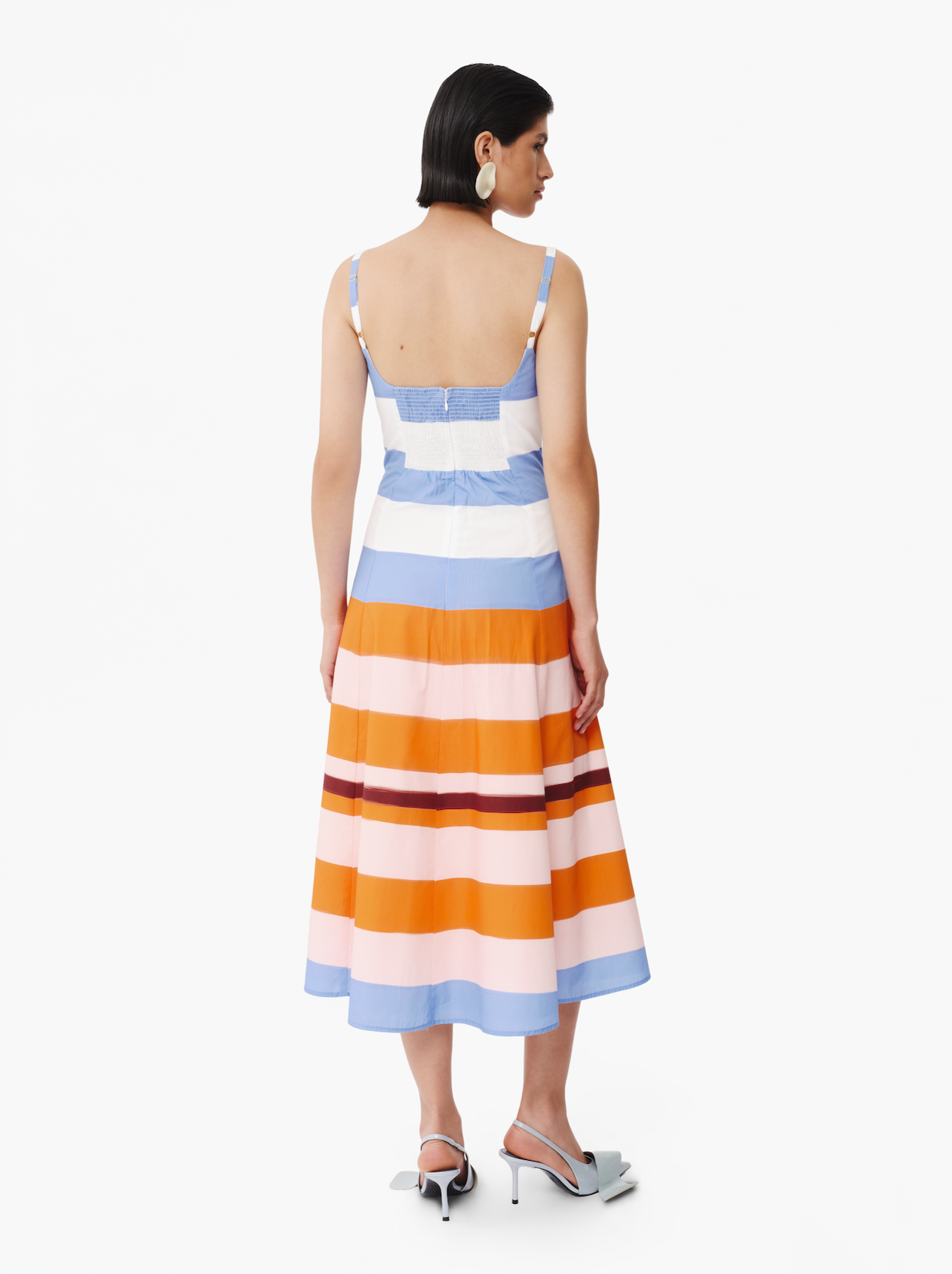 Striped midi dress back view with spaghetti straps; blue, white, orange horizontal stripes
