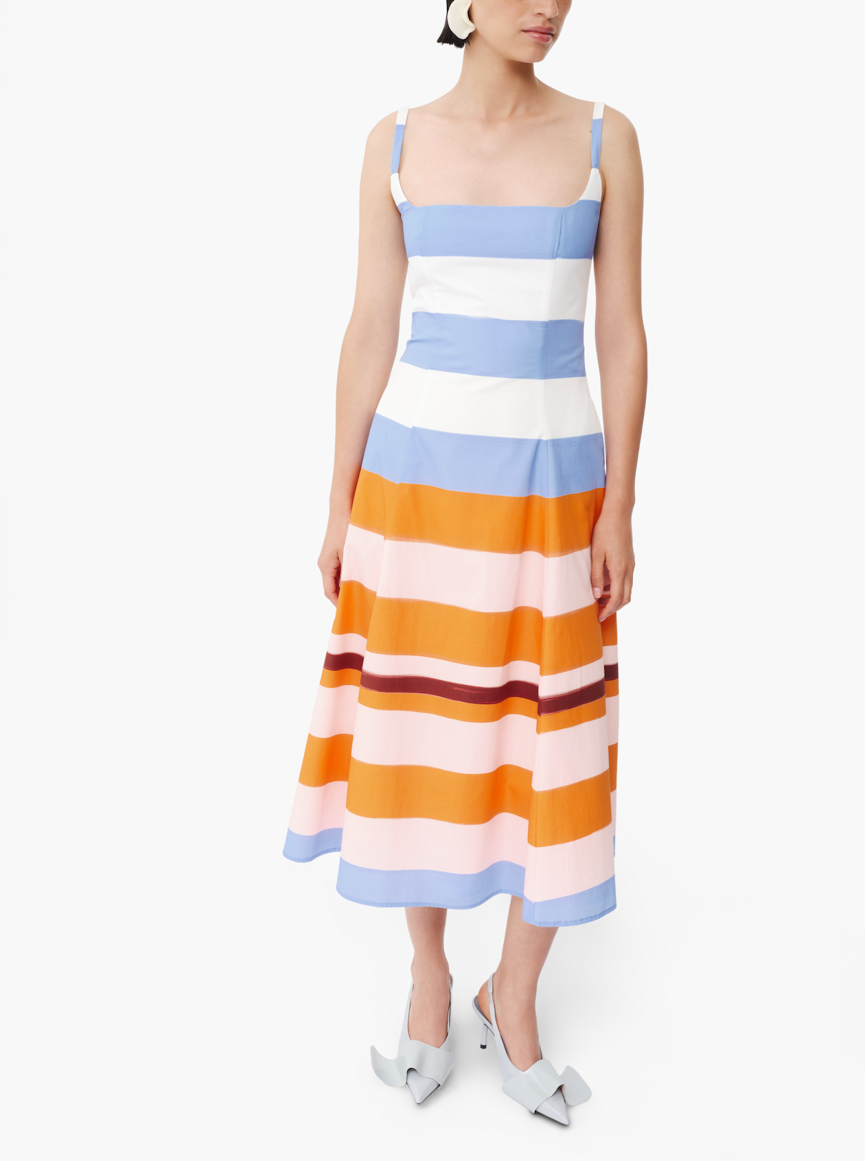 Striped midi dress with square neckline and spaghetti straps; blue, white, orange horizontal stripes