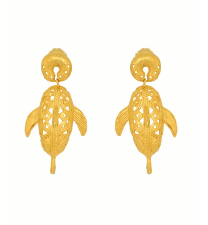 Gold filigree dangle earrings with domed tops and detailed teardrop cutout bodies.