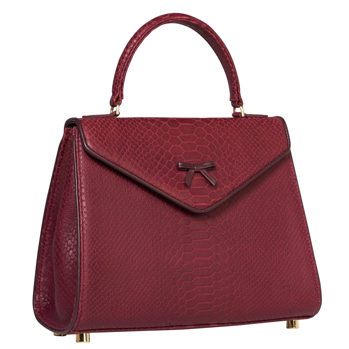 Ox-blood snakeskin-textured leather handbag with top handle, side view, flap lock