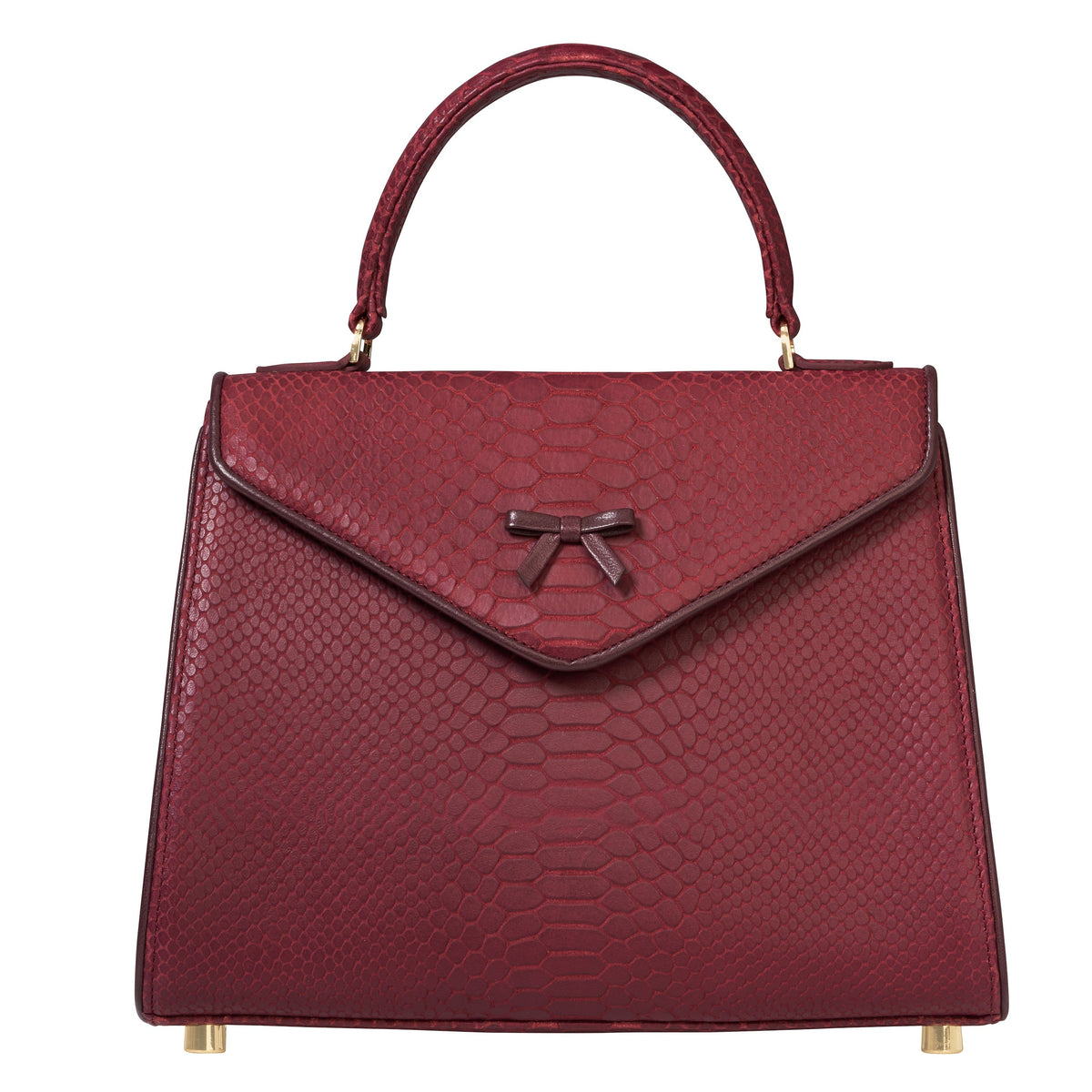 Ox-blood snakeskin-textured leather handbag with top handle and flap lock
