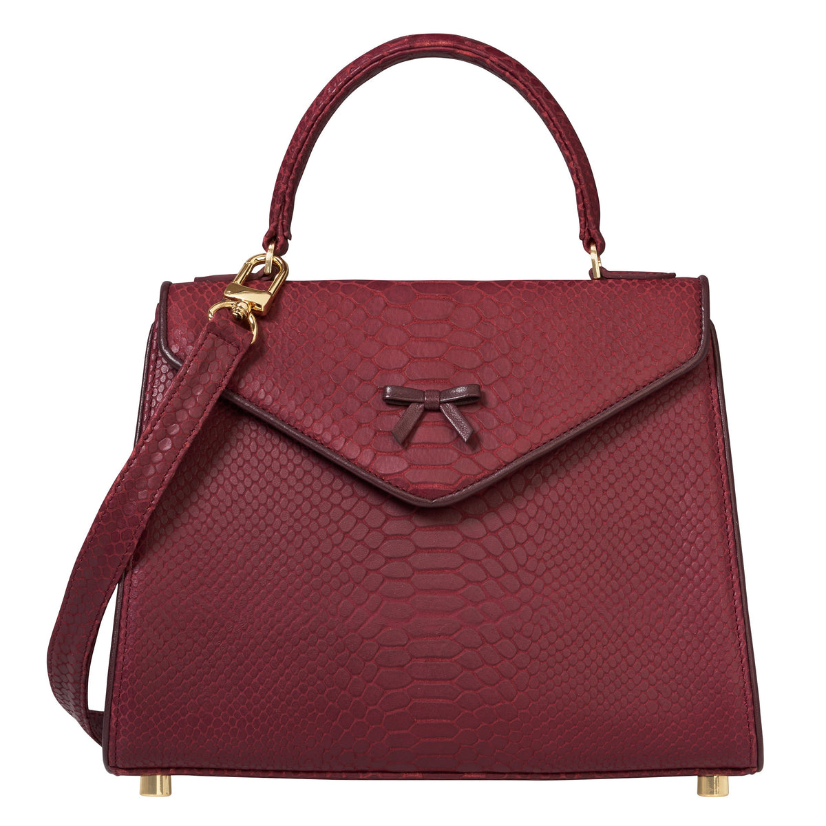 Ox-blood snakeskin-textured leather handbag with gold hardware, top handle, flap lock