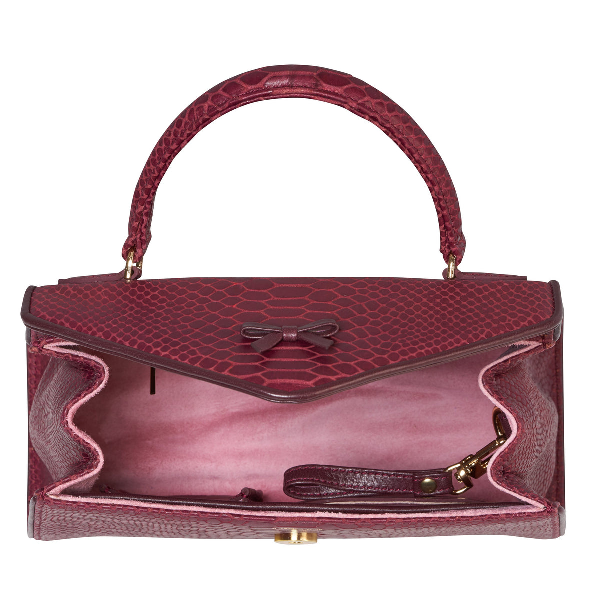 Ox-blood snakeskin-textured leather handbag open interior with flap and top handle