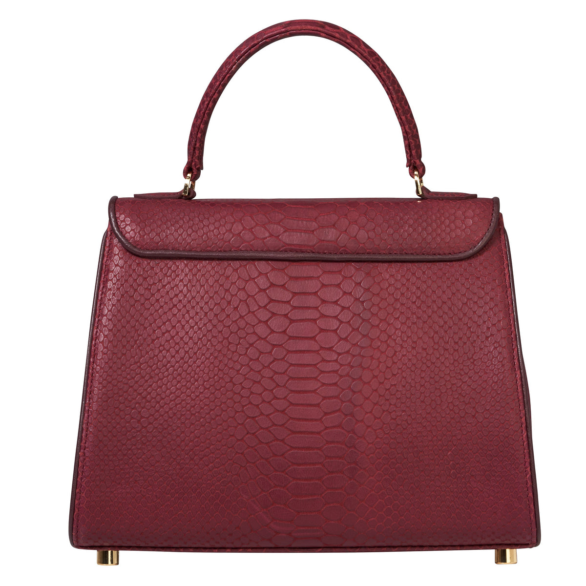 Ox-blood snakeskin-textured leather handbag with top handle and front flap lock