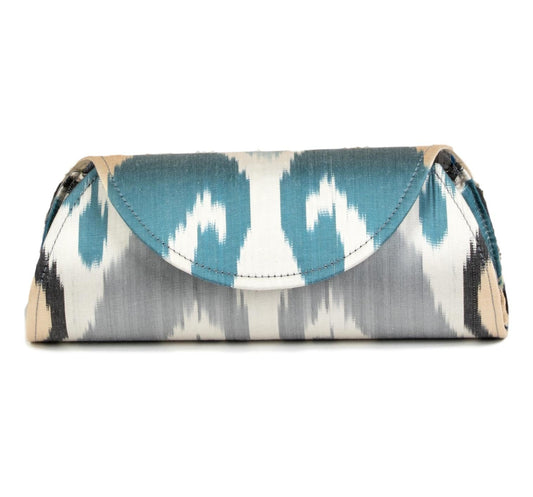 Sainte-Amande Silk Ikat Hard Shell Clutch - Large - Ivory, Teal, Grey, Taupe