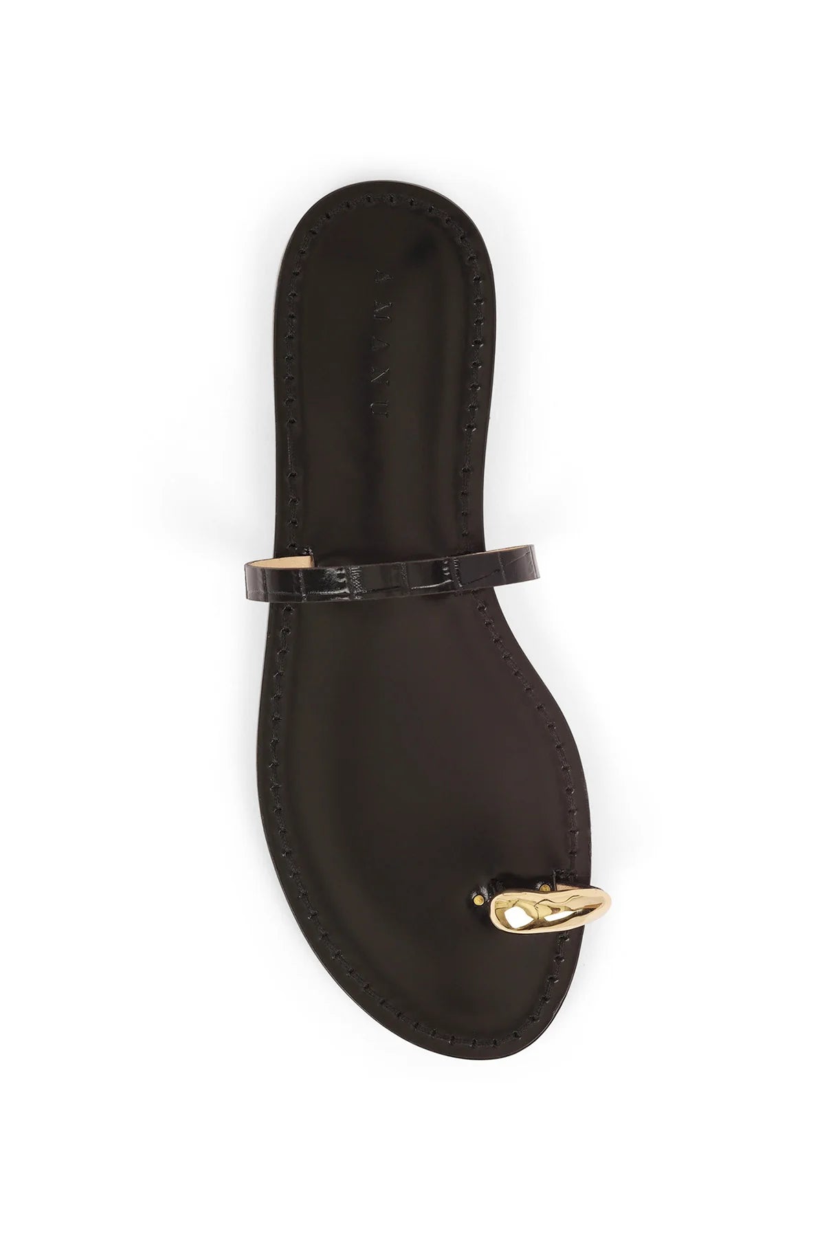 Black thong sandal with front strap and gold-tone buckle detail