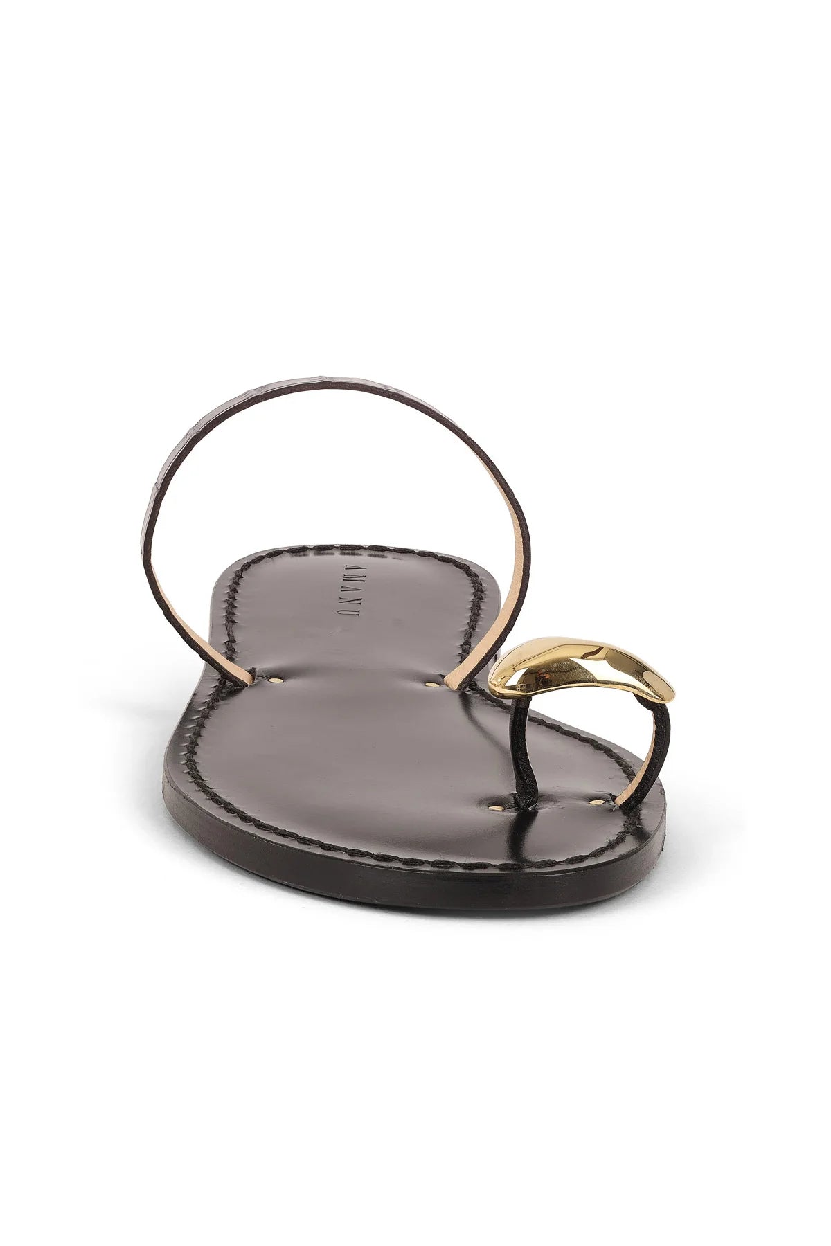 Black thong sandal with gold-tone buckle and cushioned gray footbed