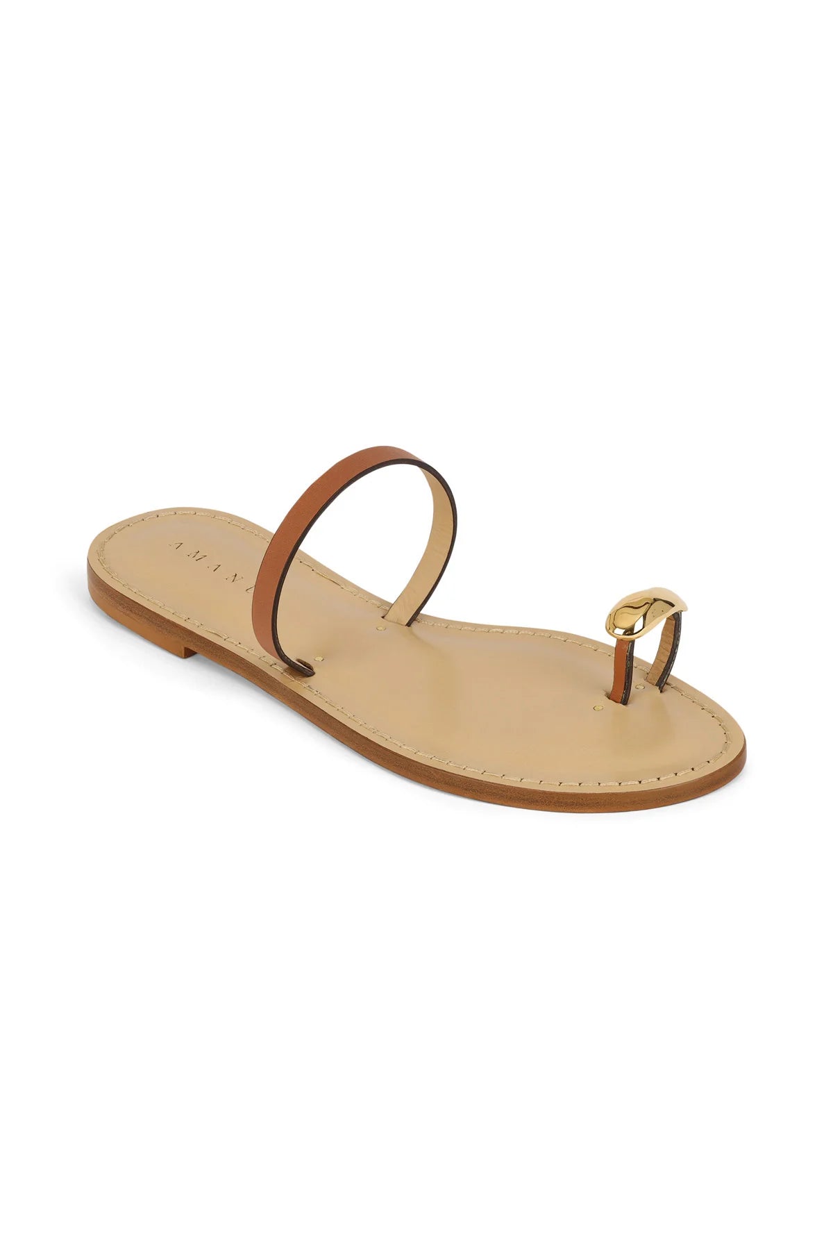 Tan leather thong sandal with gold-tone buckle and low flat sole