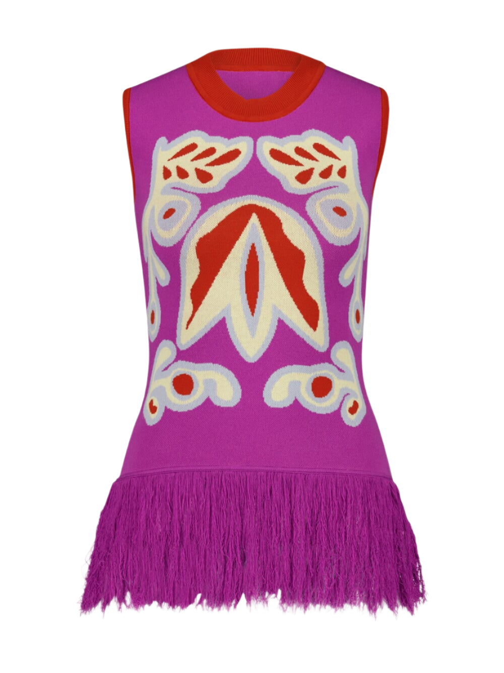 Purple jacquard tank top with fringed hem and colorful bellflower motif, orange trim