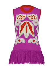 Purple jacquard tank top with fringed hem and colorful bellflower motif, orange trim