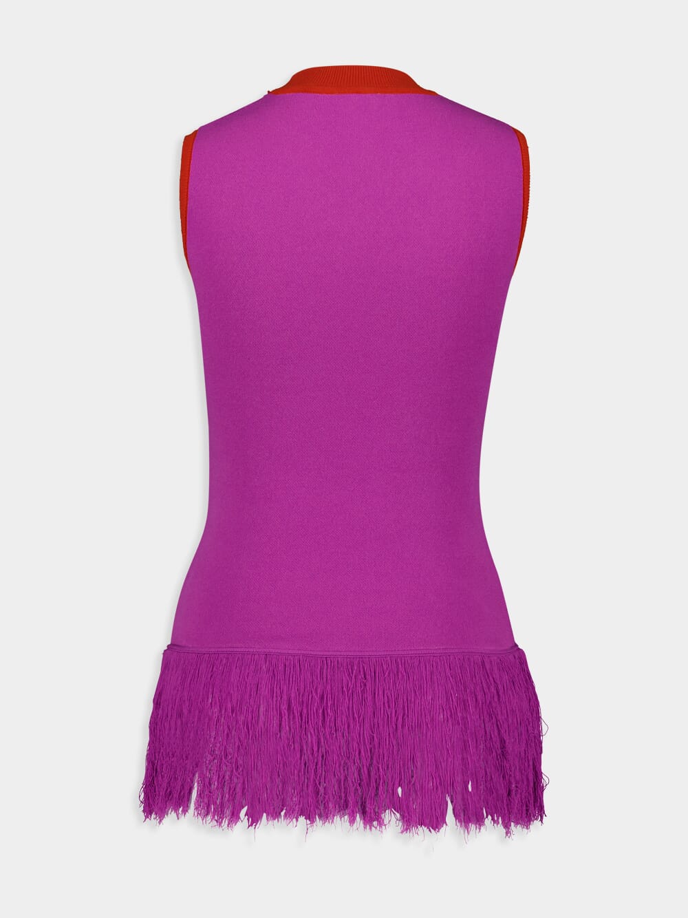 Purple jacquard tank top, sleeveless with orange rib crew neck and fringed hem