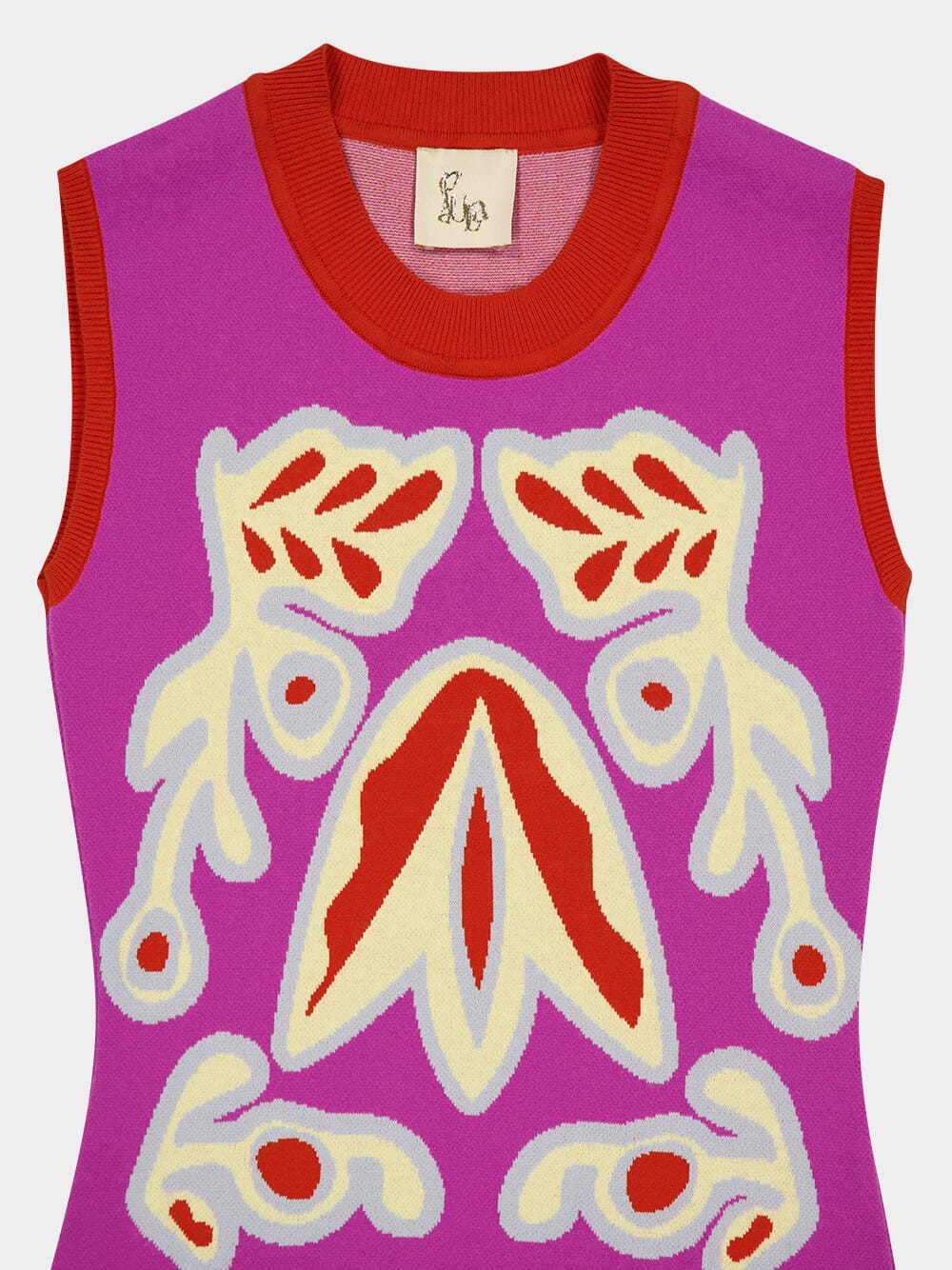 Purple sleeveless tank with jacquard bellflower print, scoop neck, orange rib trim