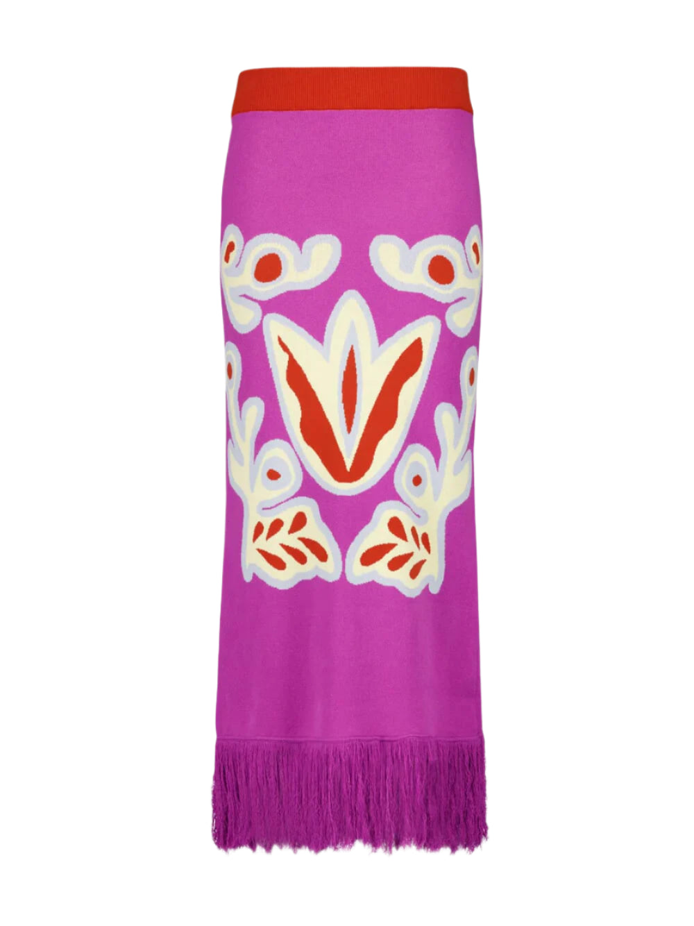 Purple jacquard midi skirt with orange waistband and fringe hem, bold pattern