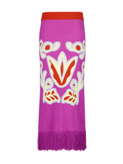 Purple jacquard midi skirt with orange waistband and fringe hem, bold pattern