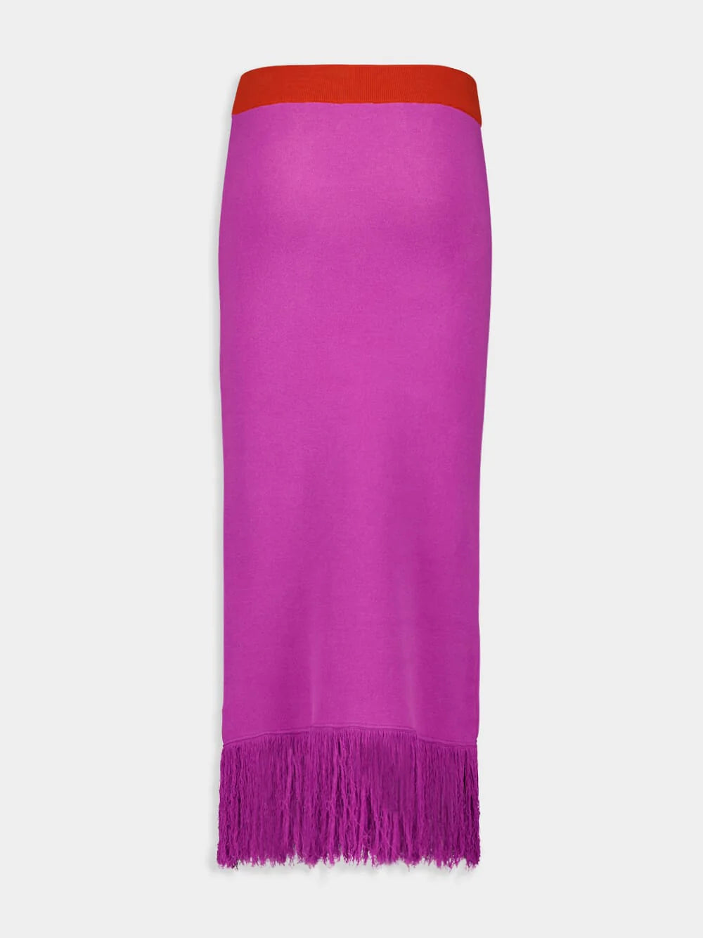 Purple midi skirt with orange waistband and purple fringe hem