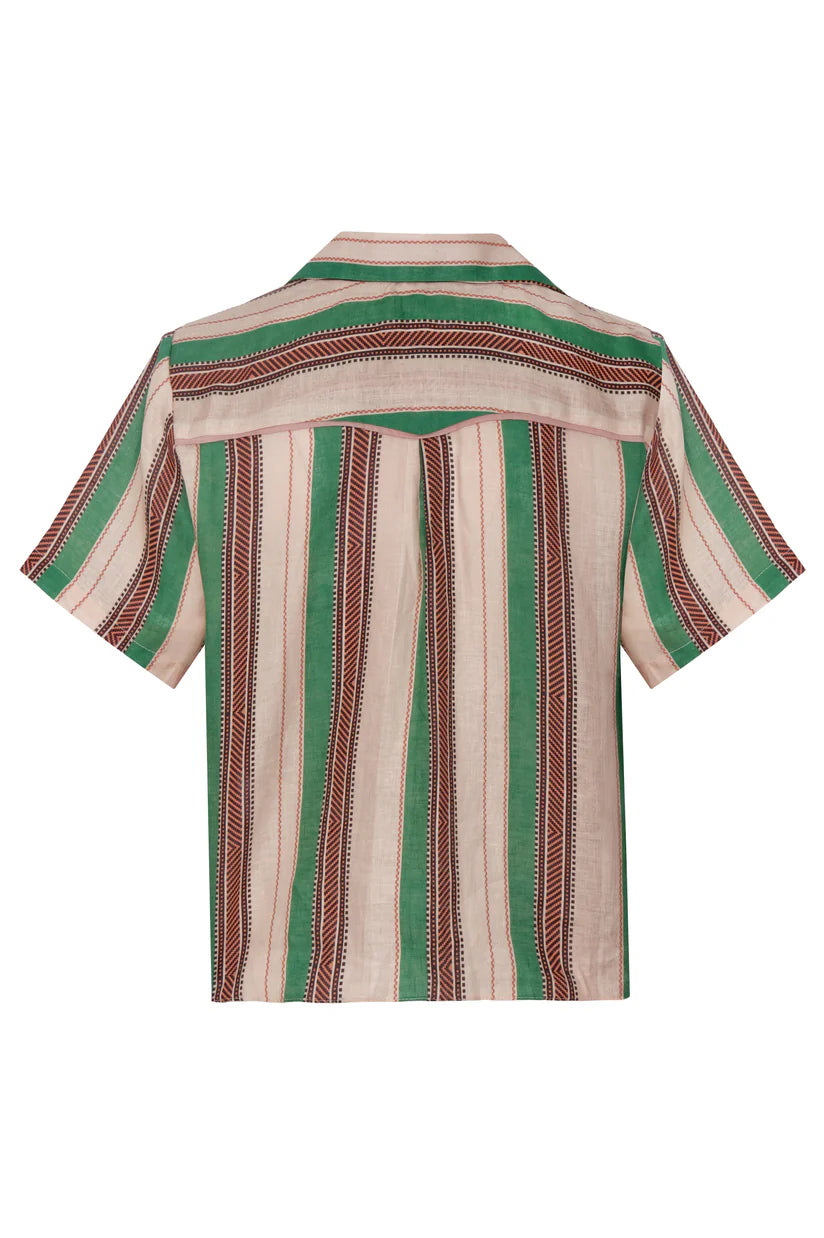 Linen shirt back view with green vertical stripes and spread collar.