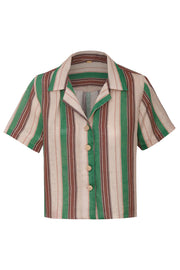 Linen shirt with green striped vertical pattern, button-front and pointed collar.