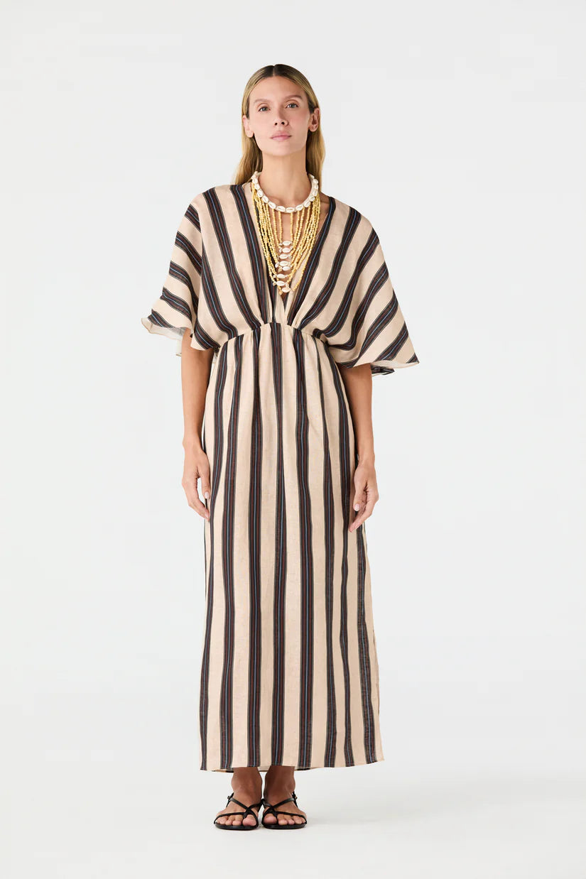 Striped linen tunic midi dress with gathered waist and vertical navy/cream stripes.