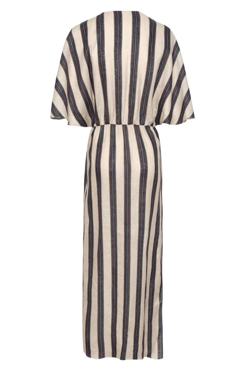 Striped linen tunic dress, short batwing sleeves, vertical navy and cream stripes.