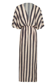 Striped linen tunic dress, vertical navy and cream stripes, V-neck, tie waist.