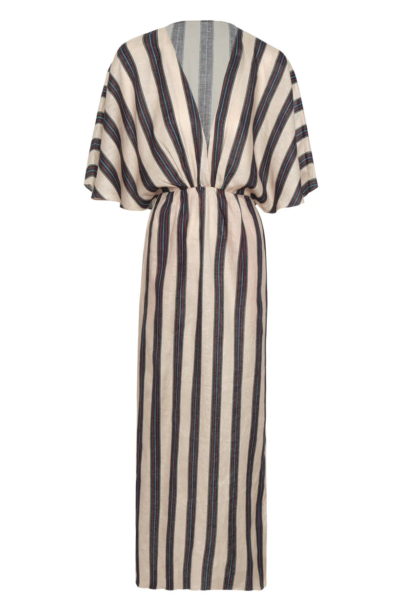 Striped linen tunic dress, vertical navy and cream stripes, V-neck, tie waist.