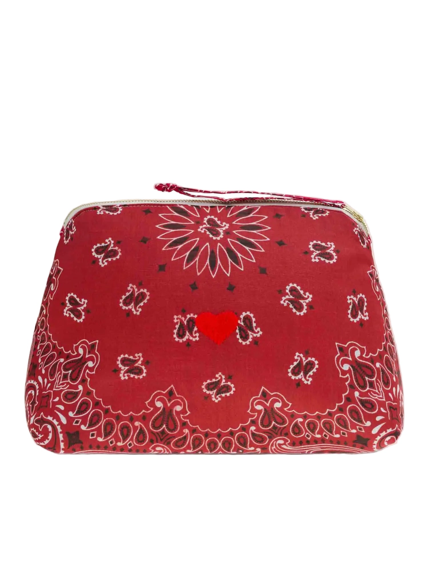 Small vanity pouch, red bandana floral print, zip-top closure