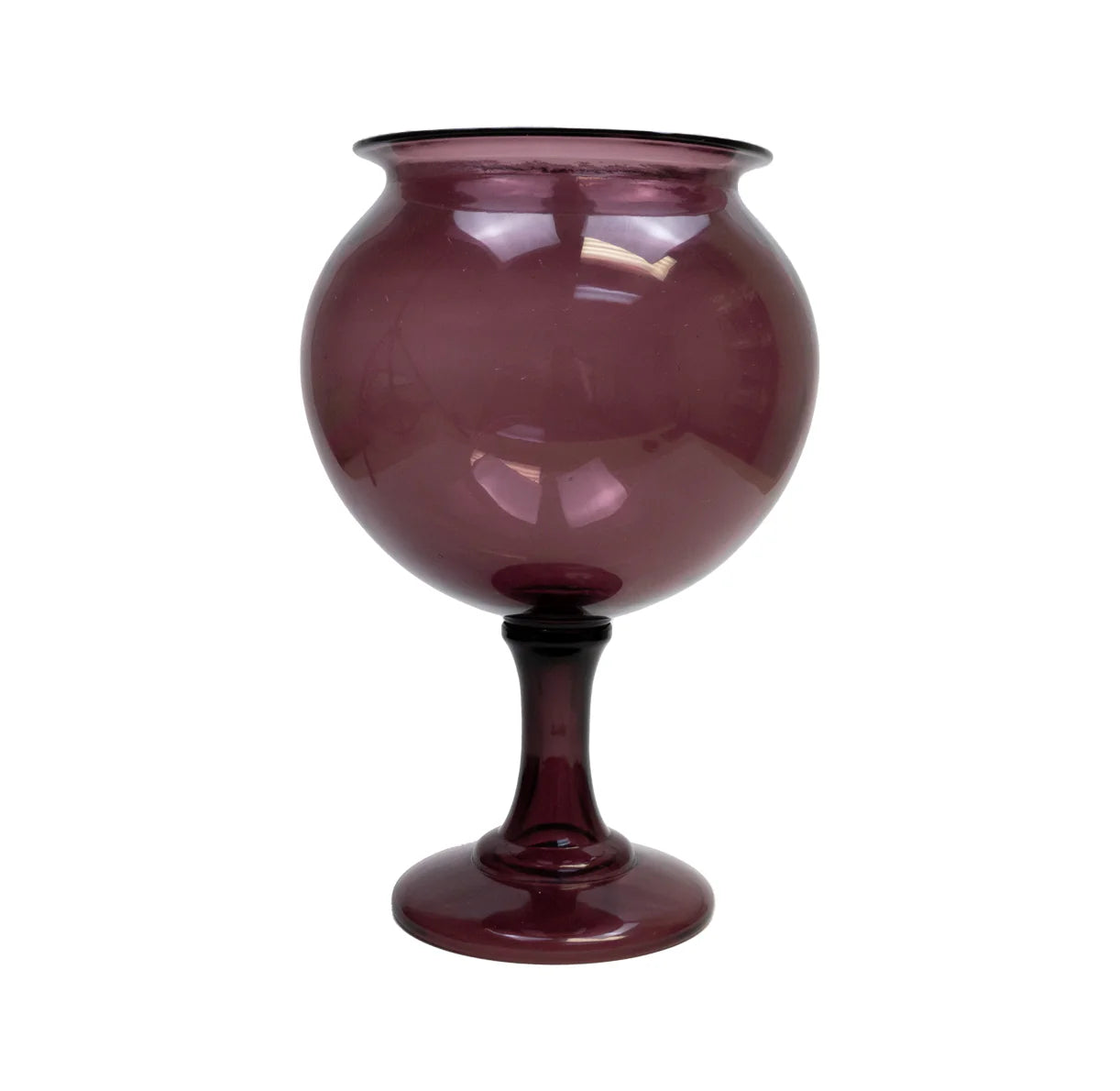 Leech Bowl glass goblet, deep burgundy, rounded bowl on stem with flared foot
