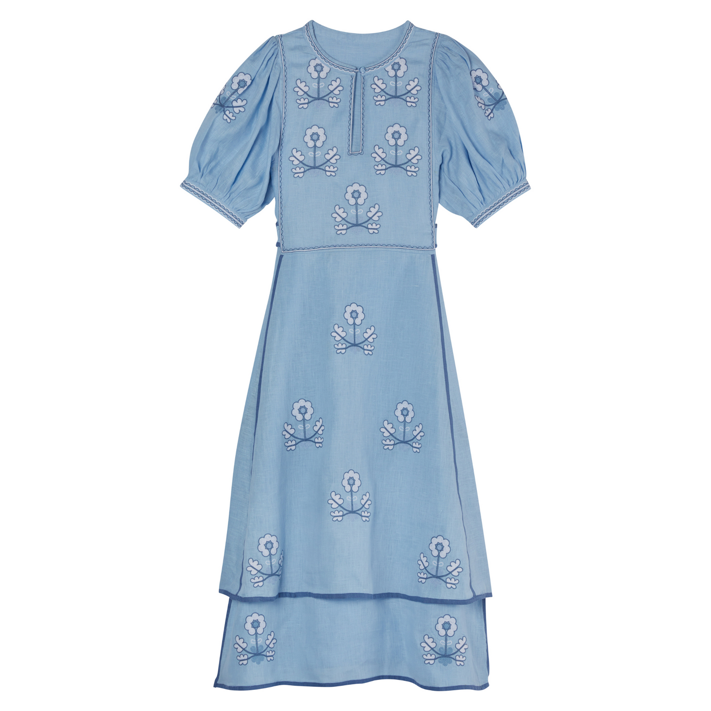 Lillie Ukrainian Embroidered Dress - Light Blue, White