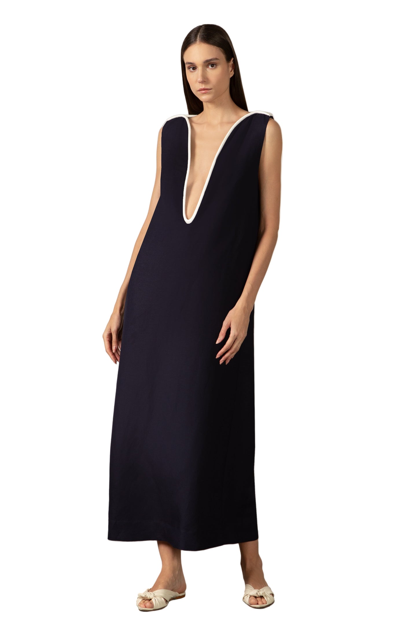 Bi-Color Deep V-Neck Maxi Dress