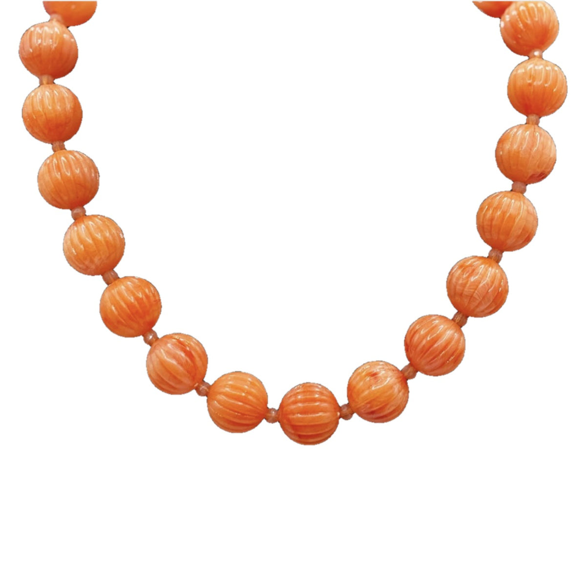 Coral orange resin melon bead necklace with carved round beads, 17.5 in