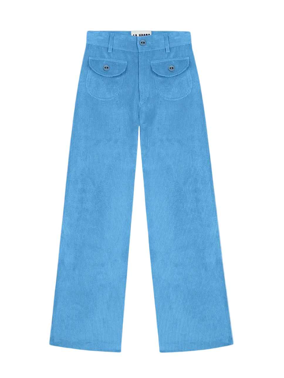 Light blue corduroy-style pants with front button closure and patch pockets